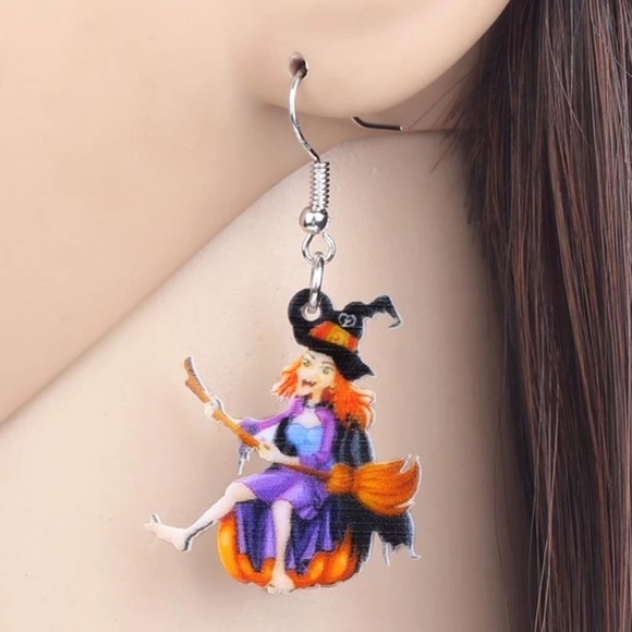 Witch Pumpkin Acrylic Earrings Halloween - Picture 3 of 6